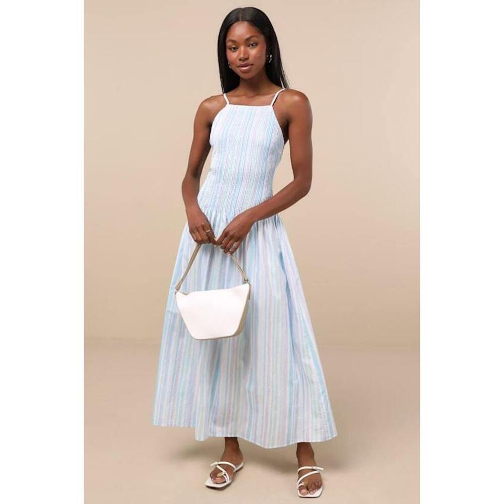 Lulus Jalessa Light Blue Multi Striped Drop Waist Midi Dress - Size L